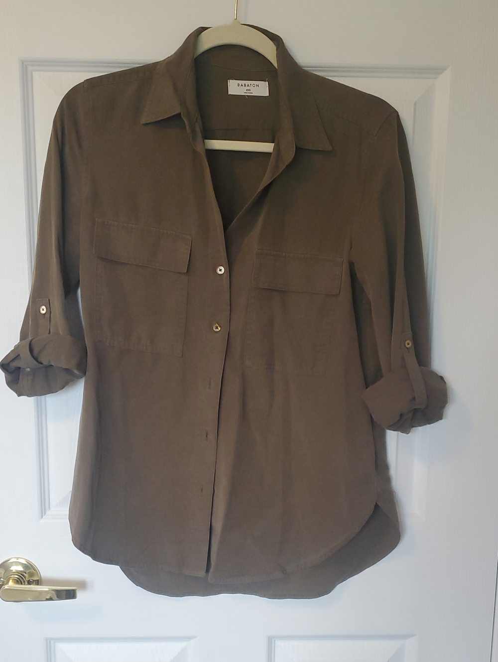 New! Babaton 2XS Utility Button Up Shirt Brown Olive Roll Tab Blouse